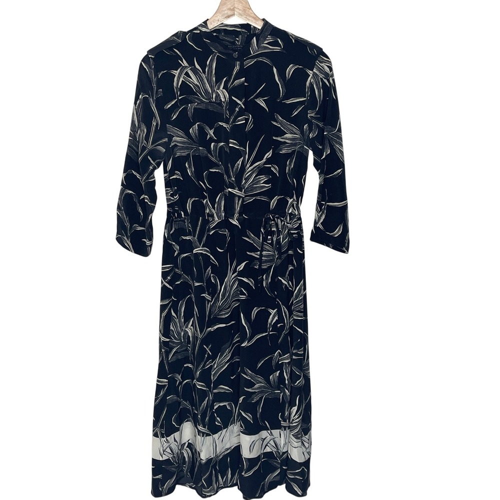 AllSaints Black White Botanical Leaf Print Shirt Dress US 4 Boho Minimal Chic